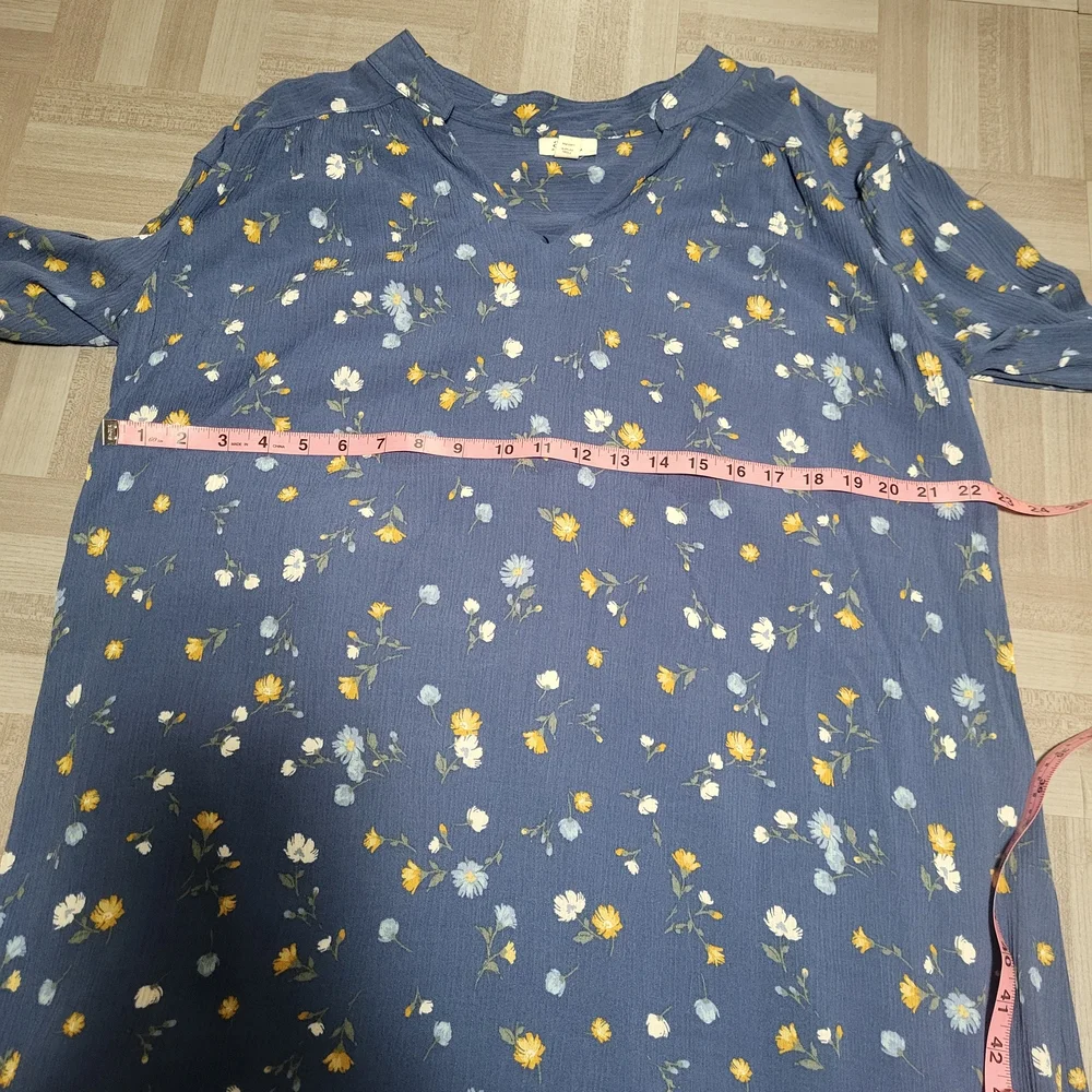 -A.N.A. Blue Dress with Yellow and White Floral Pattern Long Sleeve - Picture 3 of 7